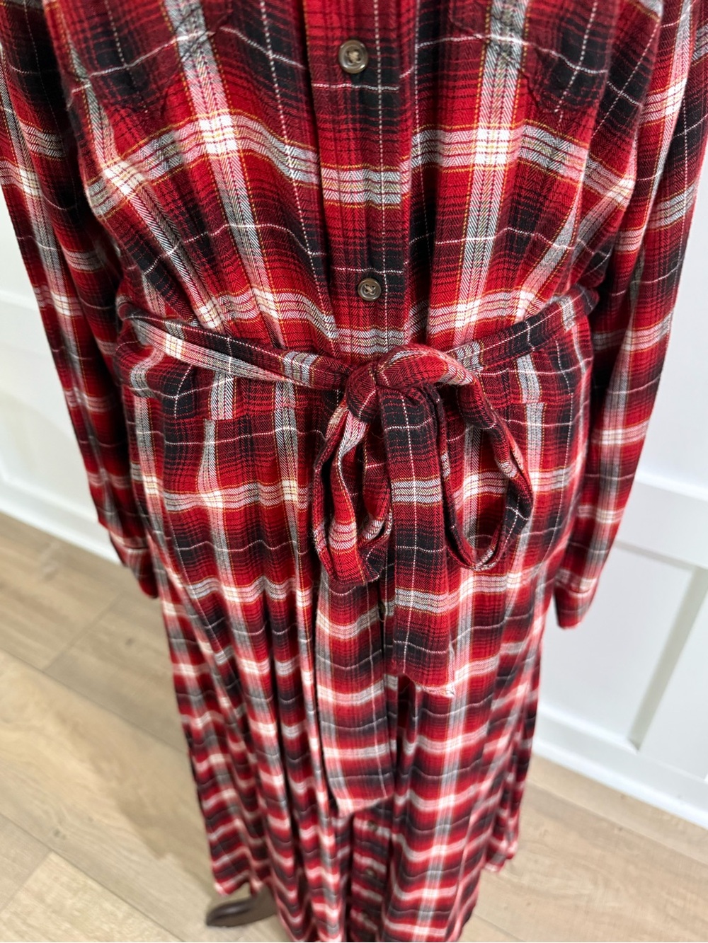 Plaid Button-Front Shirt Dress with Waist Tie - Red Plaid - Picture 4 of 5